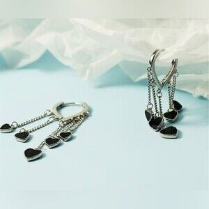 Gold Chain & Black Hearts Tassel Earrings